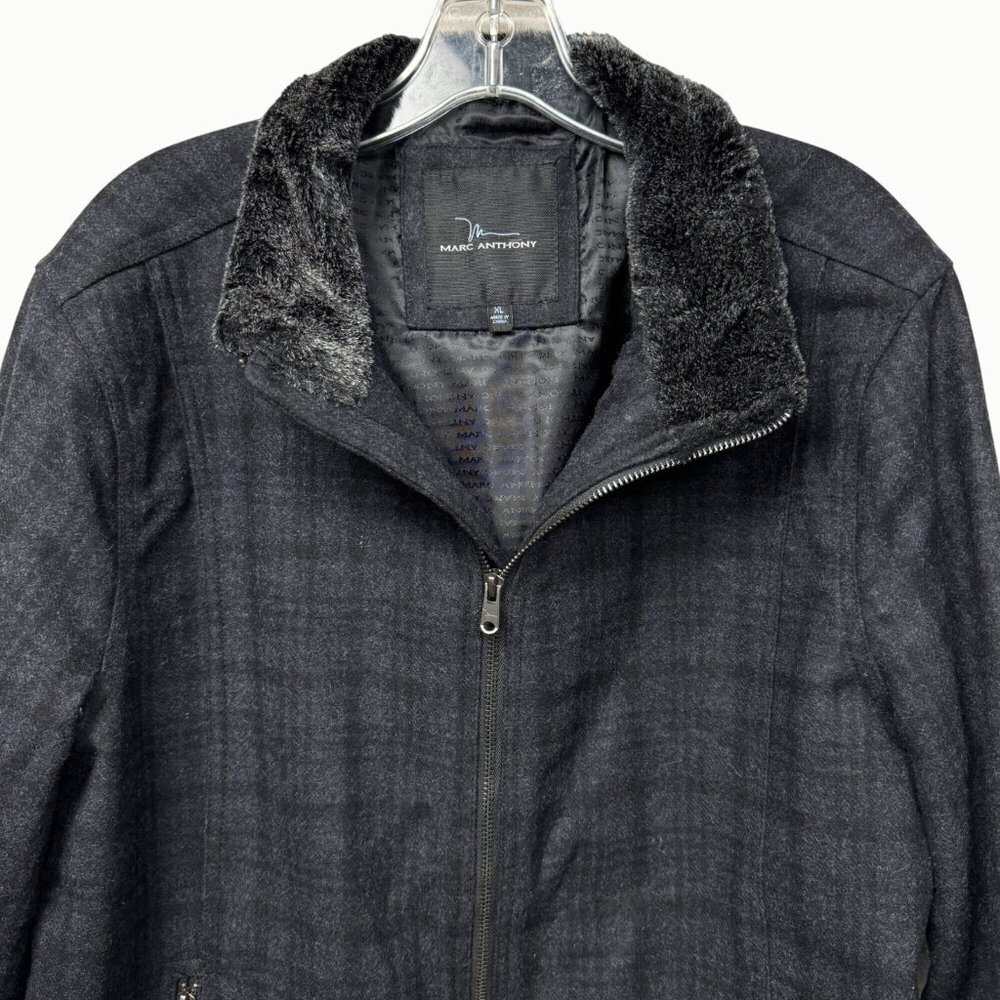 Marc Anthony Black Windowpane Plaid Lined Jacket Faux Fur Collar Men’s XL - Picture 2 of 14